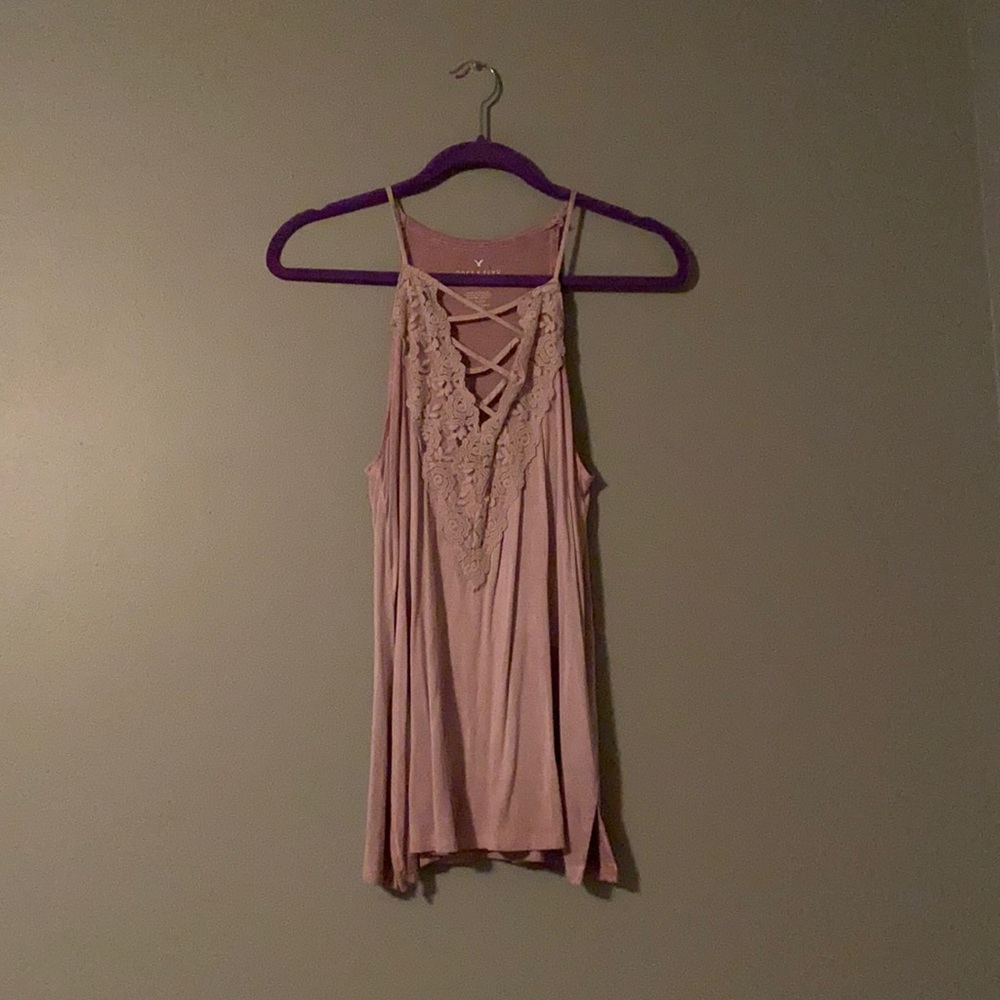 Small Lilac American Eagle Tank Top with Criss Cross and lace V-Neck front